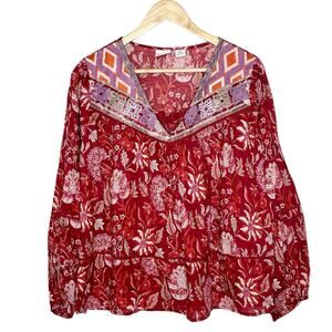Rachel Zoe Embroidered Boho Top Red Womens Size M Floral Aztec Southwestern